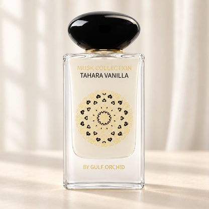 GULF ORCHID - TAHARA VANILLA, flacone frontale centrale ravvicinato con sfondo leggero