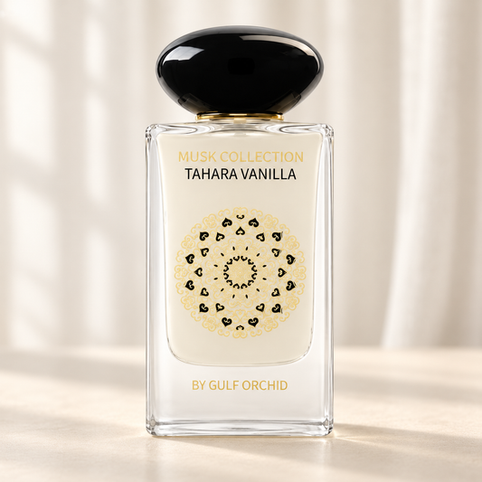 GULF ORCHID - TAHARA VANILLA, flacone frontale centrale ravvicinato con sfondo leggero