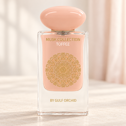 GULF ORCHID - TOFFEE, flacone frontale centrale ravvicinato con sfondo leggero