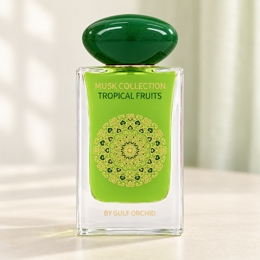 GULF ORCHID - TROPICAL FRUITS, flacone frontale centrale ravvicinato con sfondo leggero