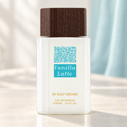 GULF ORCHID - VANILLA LATTE, flacone frontale centrale ravvicinato con sfondo leggero