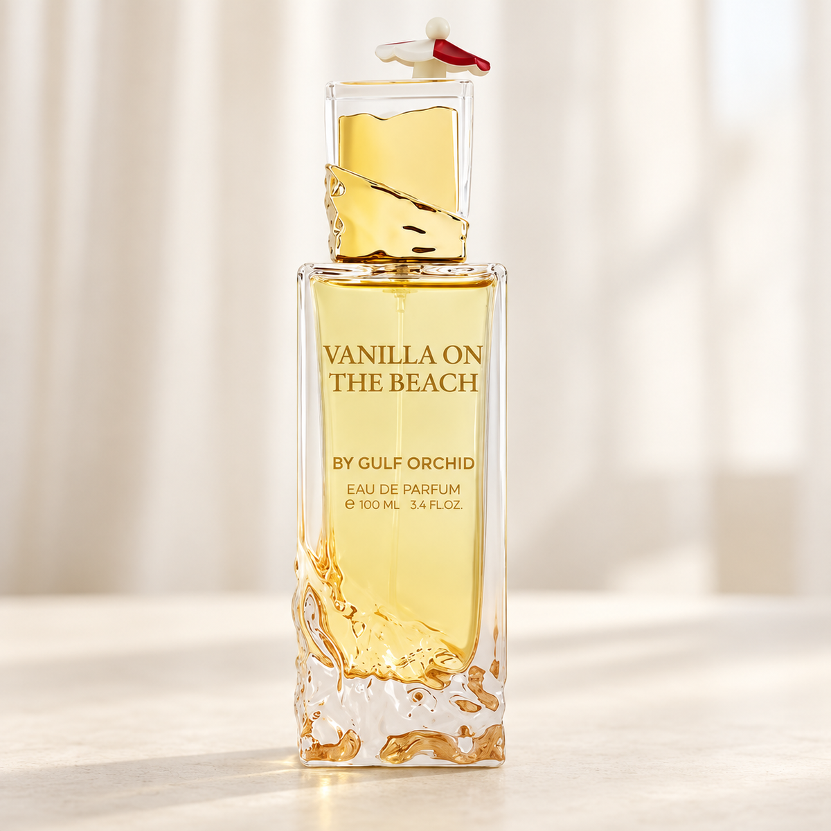 GULF ORCHID - VANILLA ON THE BEACH, flacone frontale centrale ravvicinato con sfondo leggero