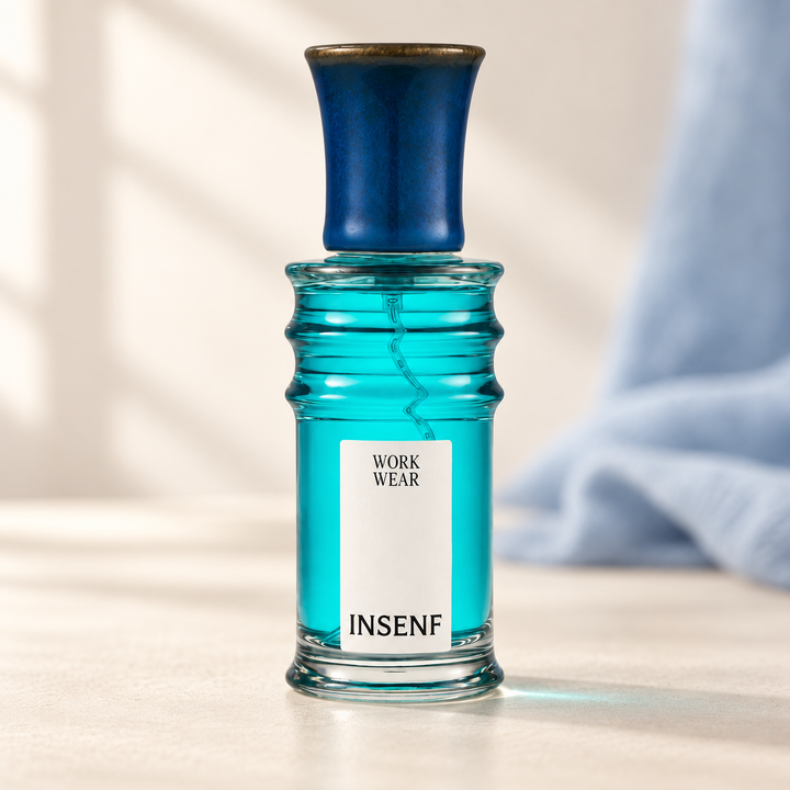 INSENF - WORK WEAR, flacone frontale centrale ravvicinato con sfondo leggero