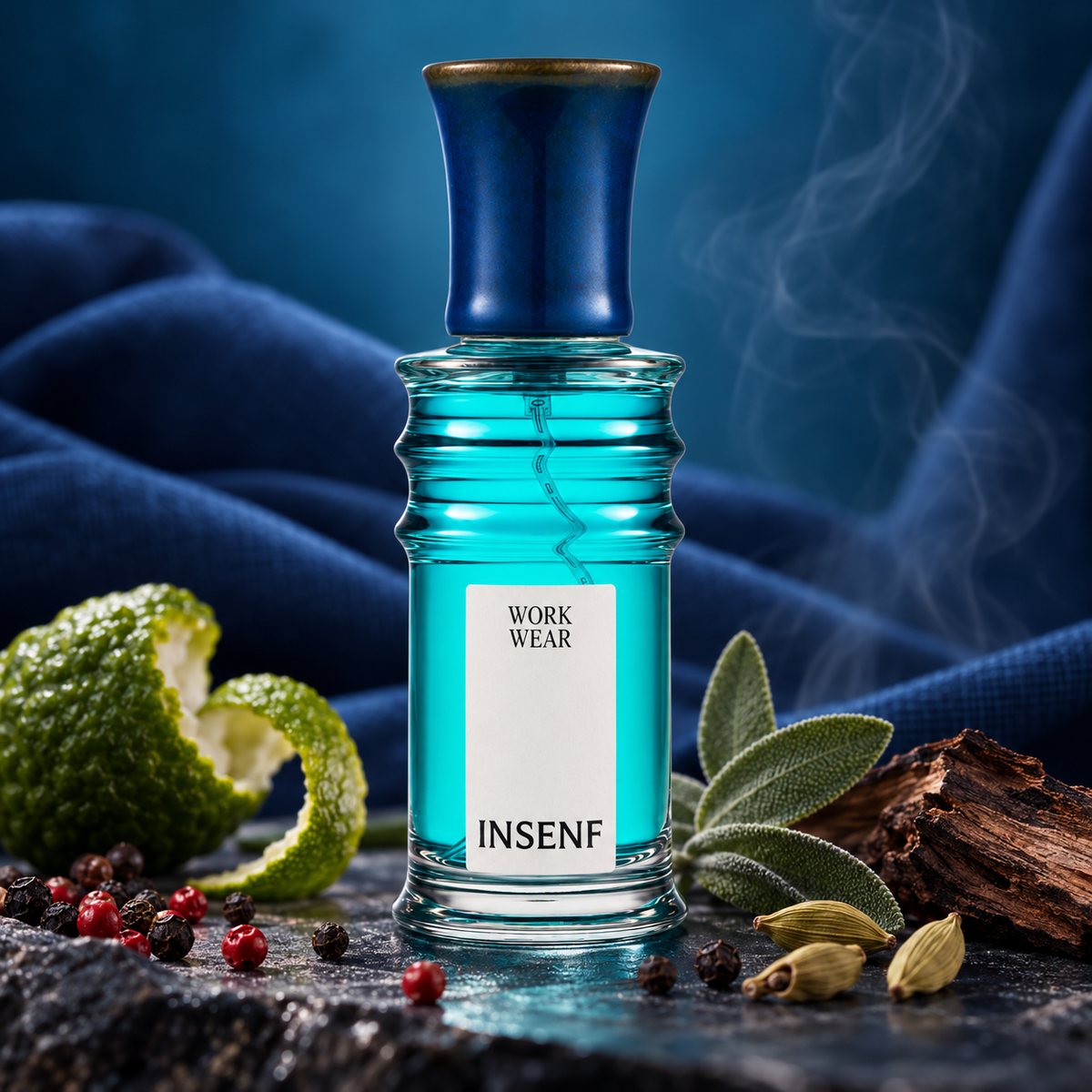 Insenf Work Wear tra spezie, salvia e legni su sfondo blu