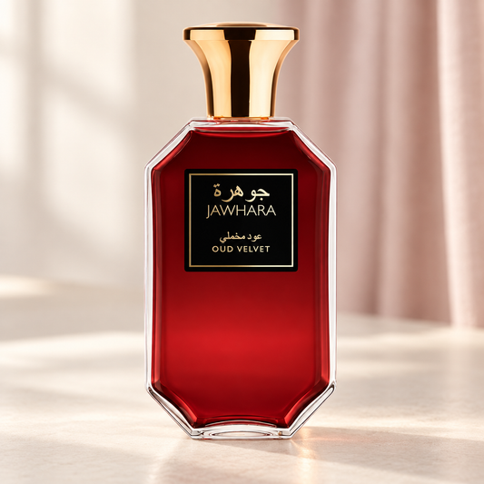 JAWHARA - OUD VELVET, flacone frontale centrale ravvicinato con sfondo leggero