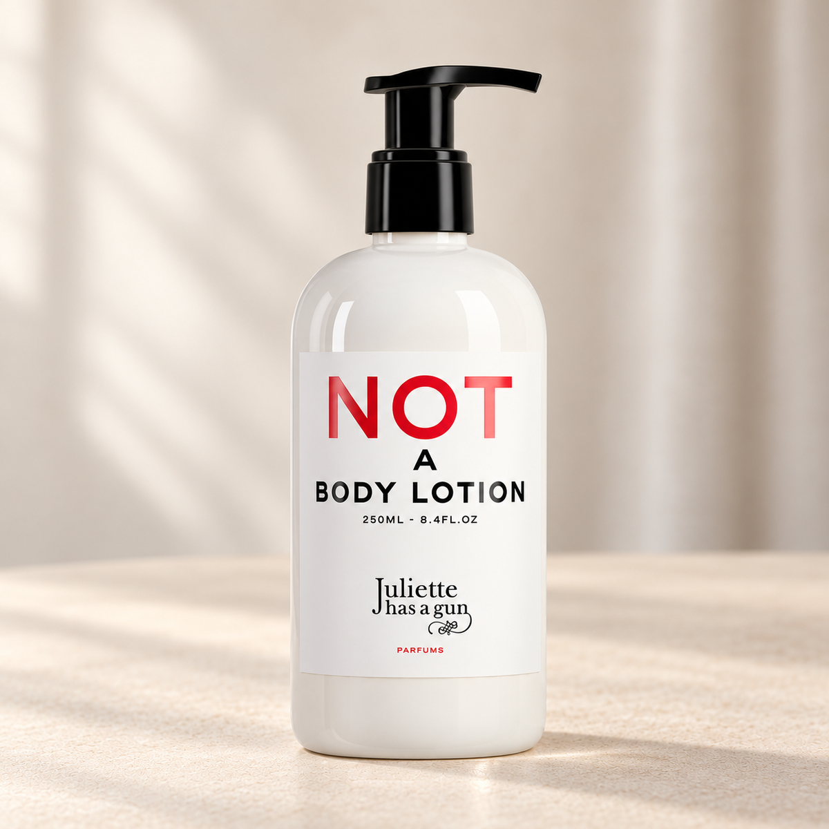 NOT A BODY LOTION di Juliette Has a Gun — prodotto su fondo beige, ambientazione creata con IA