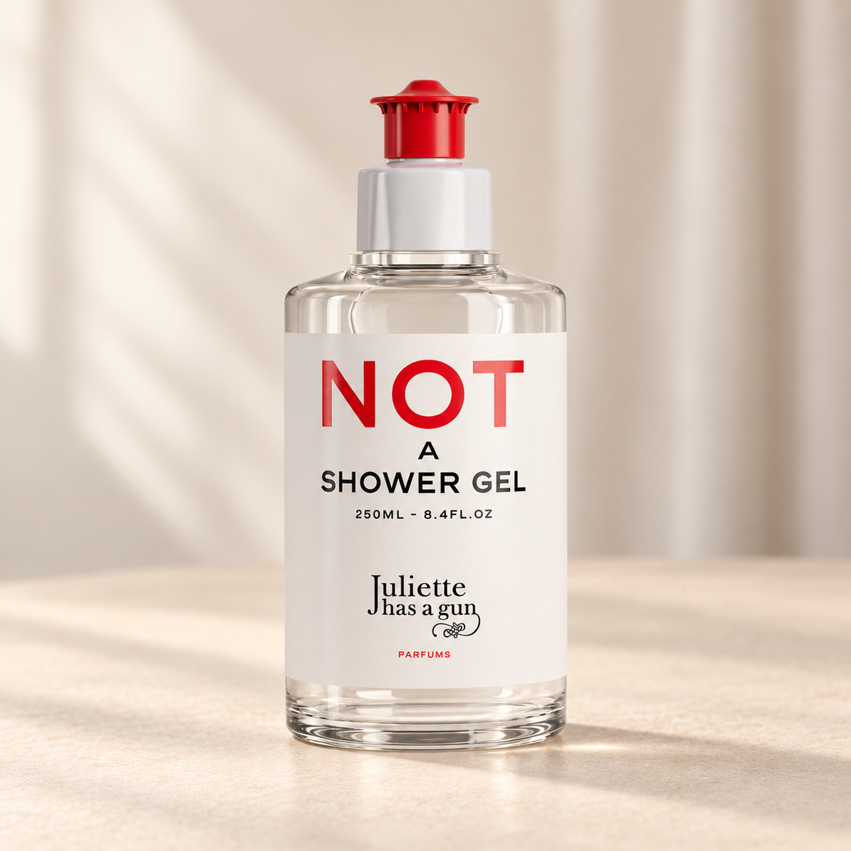 NOT A SHOWER GEL di Juliette Has a Gun — prodotto su fondo beige, ambientazione creata con IA