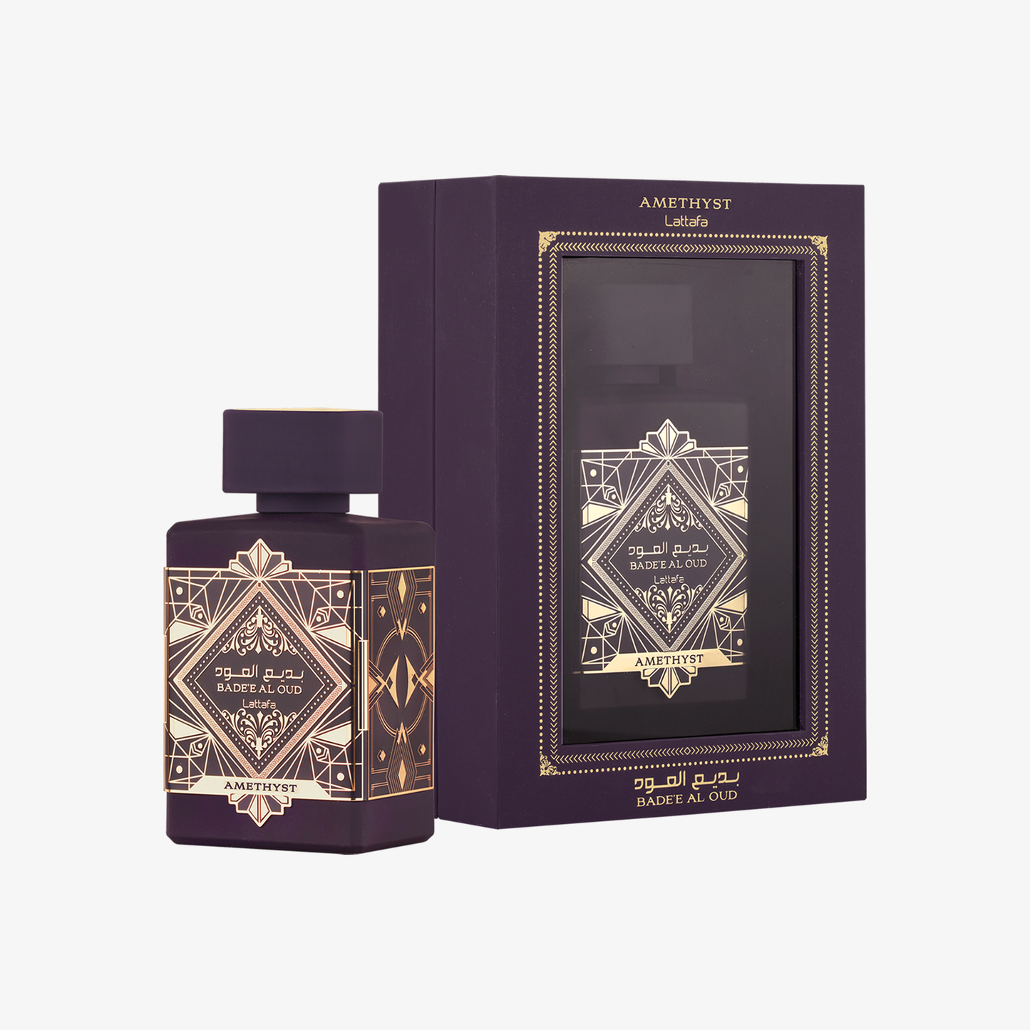 Lattafa Bade'e Al Oud Amethyst, flacone e confezione