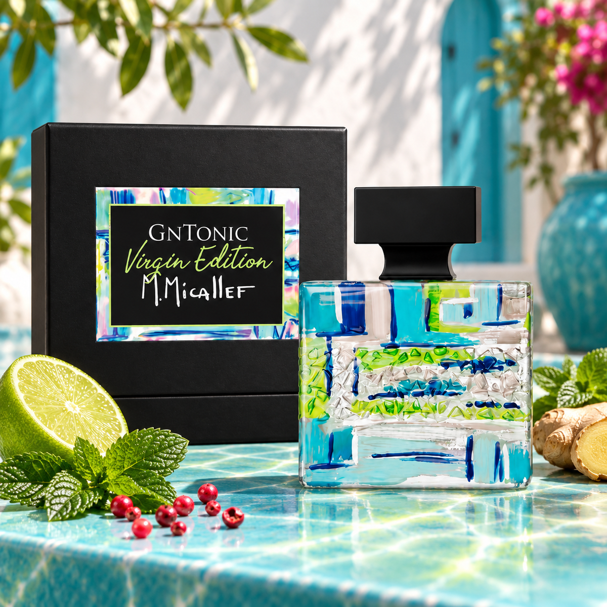 M. MICALLEF - GNTONIC VIRGIN EDITION – composizione fotografica IA ispirata alle note olfattive