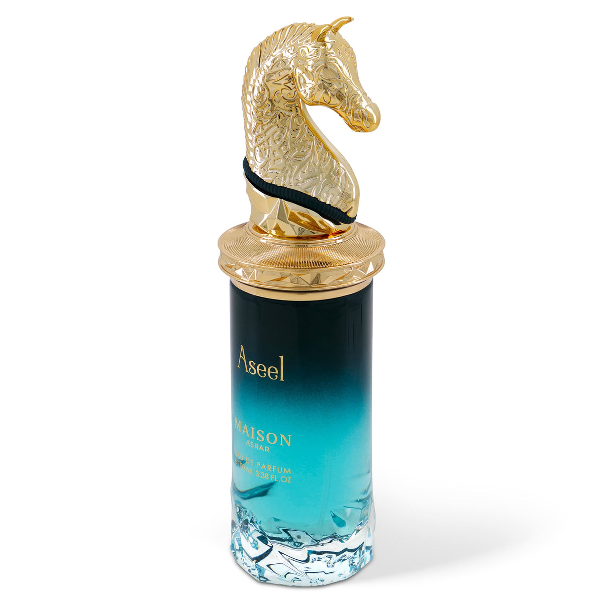 Maison Asrar Aseel 100 ml — flacone visto di tre quarti con tappo a cavallo, fotografia ufficiale Maison Asrar