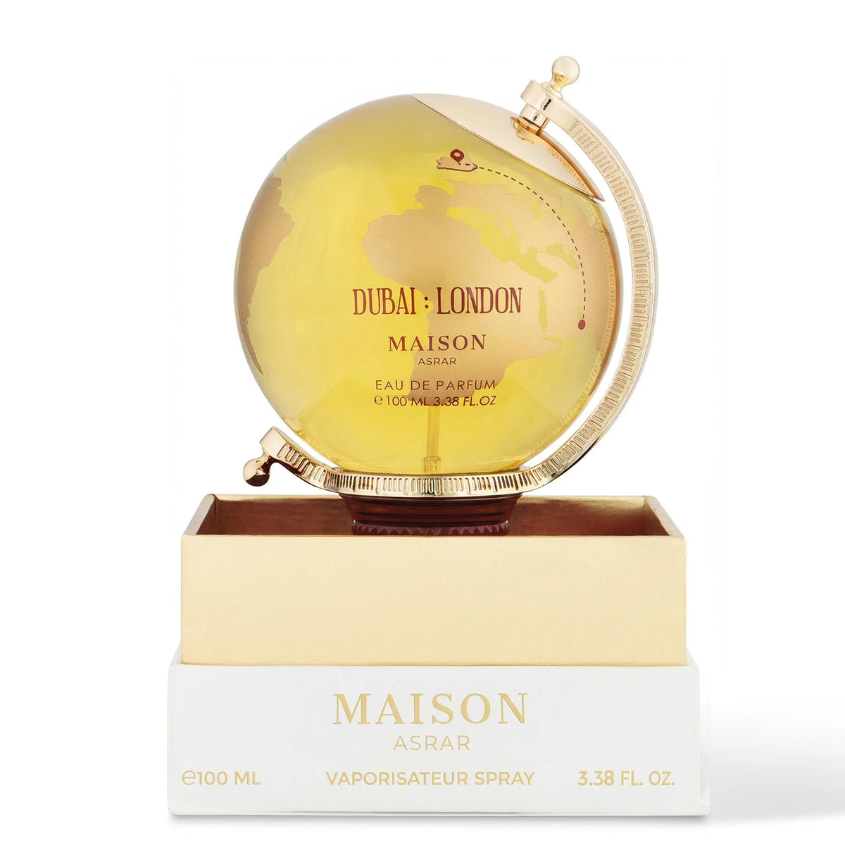 Maison Asrar Dubai London 100 ml — flacone sulla confezione aperta, fotografia ufficiale Maison Asrar