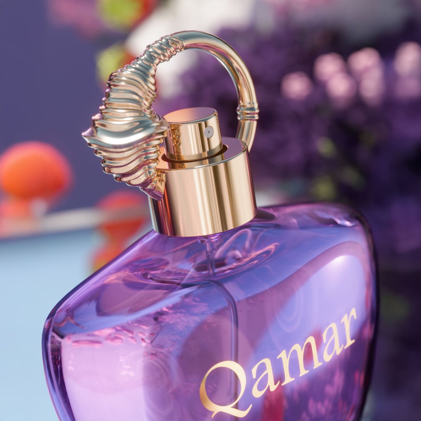 Maison Asrar Qamar Eau de Parfum 100 ml – dettaglio del flacone viola