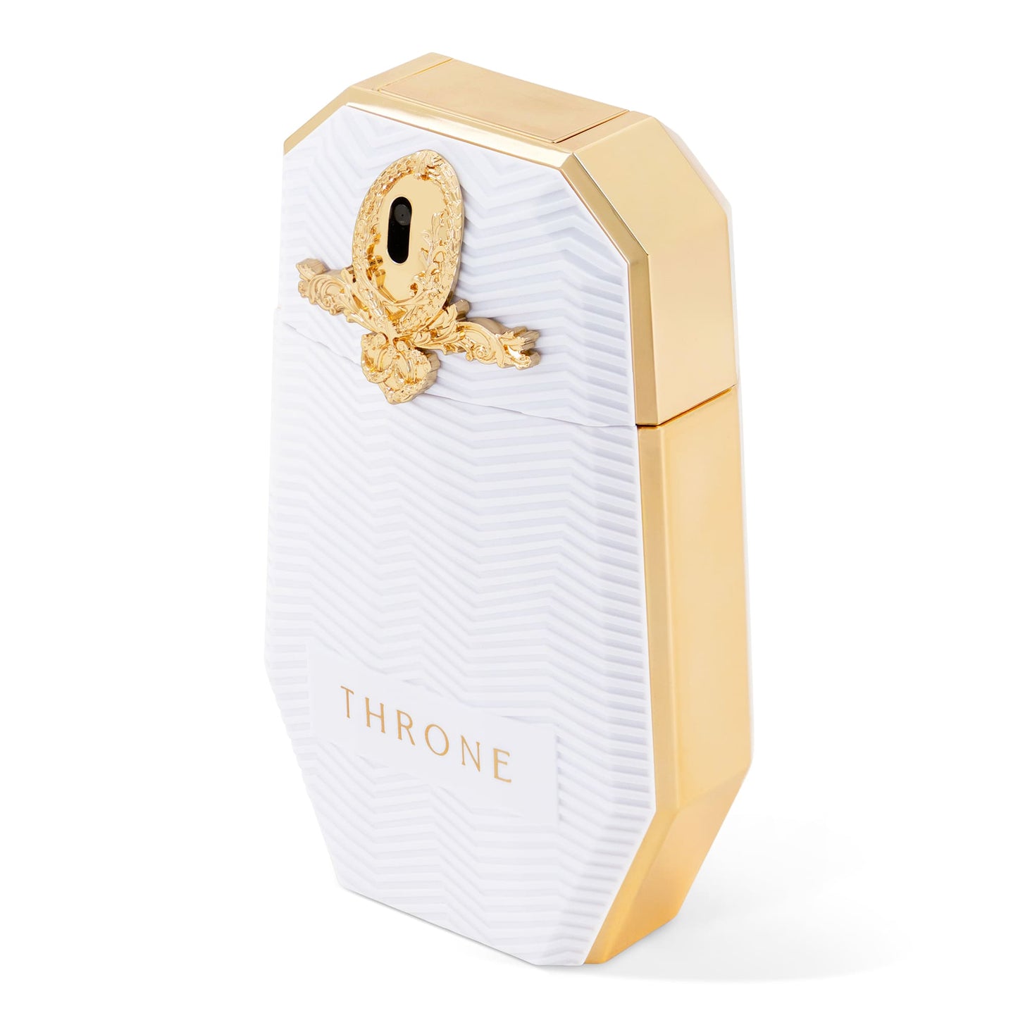 Maison Asrar Throne Eau de Parfum 100 ml – flacone bianco e oro in vista angolata