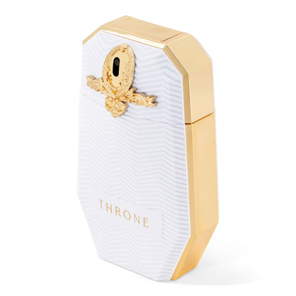 Maison Asrar Throne Eau de Parfum 100 ml – flacone bianco e oro in vista angolata