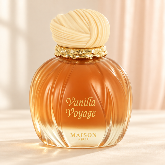 MAISON ASRAR - VANILLA VOYAGE, flacone frontale centrale ravvicinato con sfondo leggero