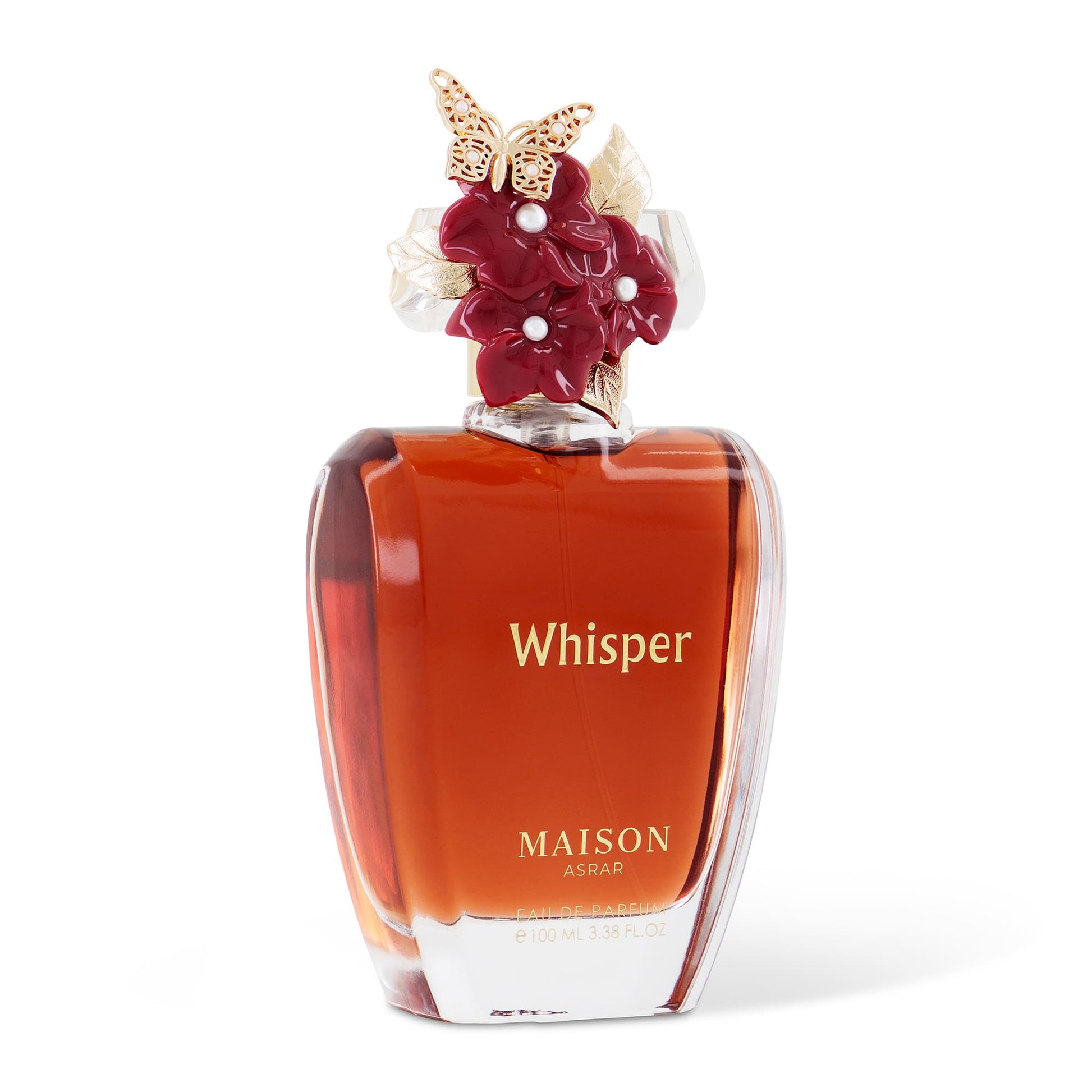 Maison Asrar Whisper Eau de Parfum 100 ml – flacone rosso con decorazione floreale
