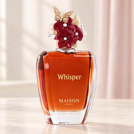 MAISON ASRAR - WHISPER, flacone frontale centrale ravvicinato con sfondo leggero