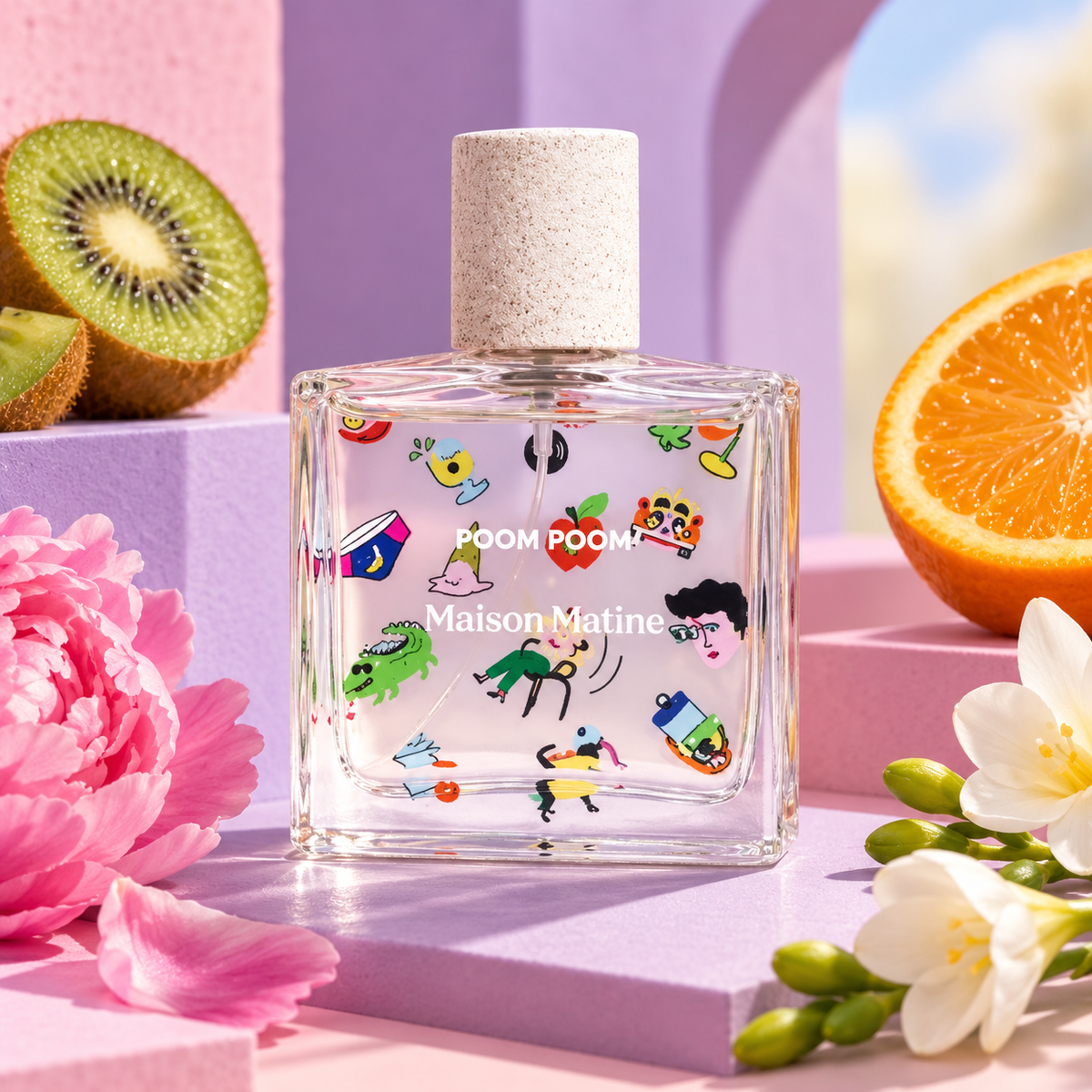 Maison Matine Poom Poom tra kiwi, arancia e fiori su sfondo lilla