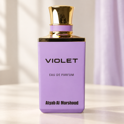 MARSHOUD - VIOLET, flacone frontale centrale ravvicinato con sfondo leggero