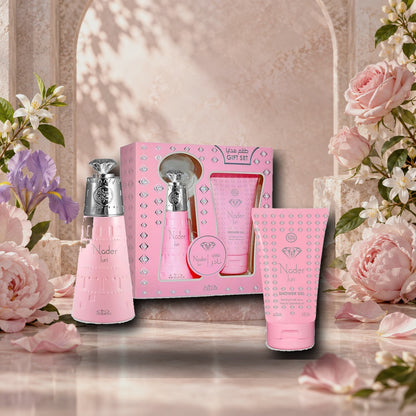NABEEL - JURI + SHOWER GEL - dettaglio in ambientazione floreale elegante