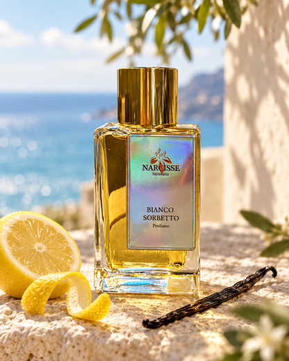 Narcisse Taormina Bianco Sorbetto con limone e vaniglia in un’ambientazione mediterranea digitale