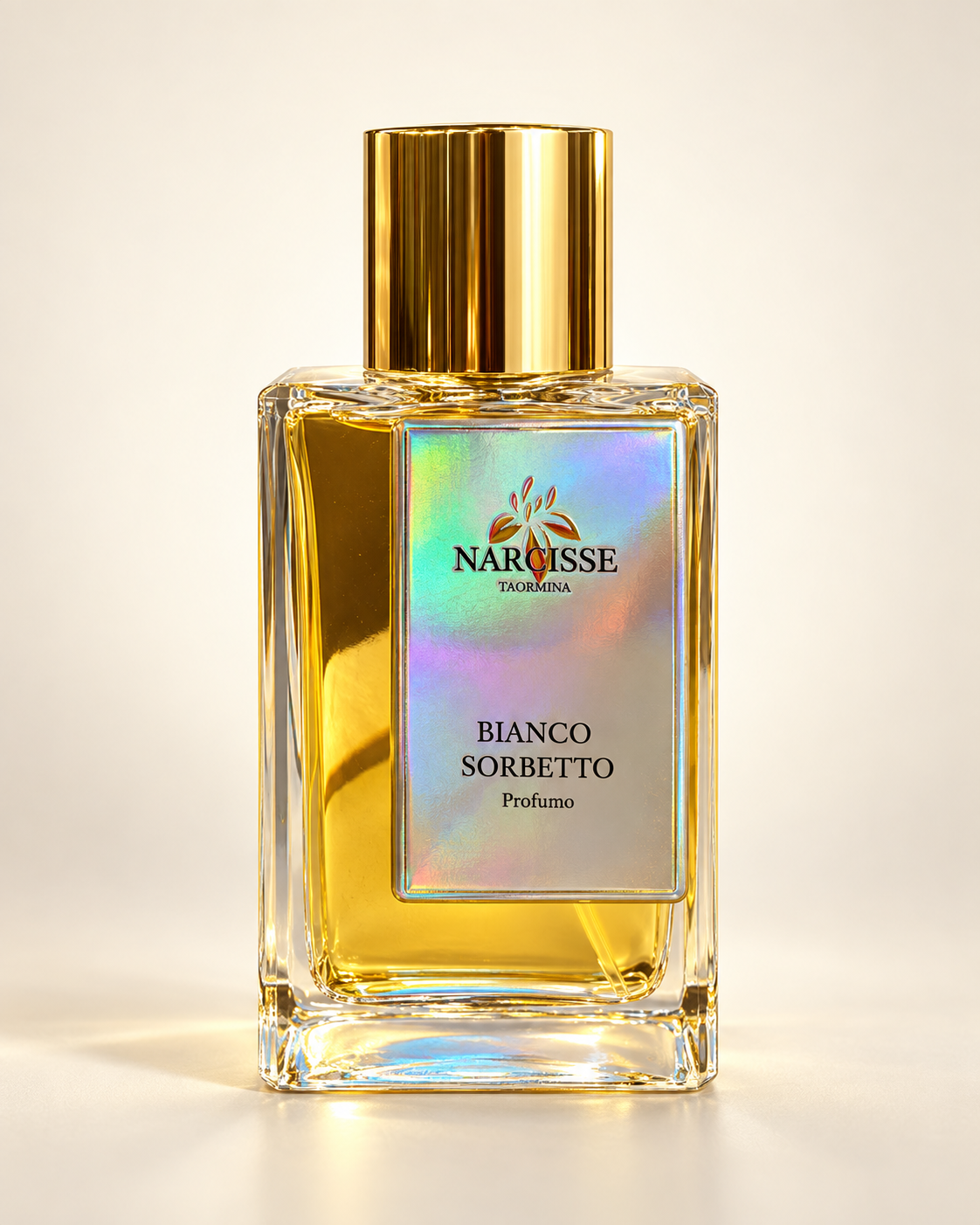 Narcisse Taormina Bianco Sorbetto, flacone frontale su fondo chiaro — ambientazione digitale