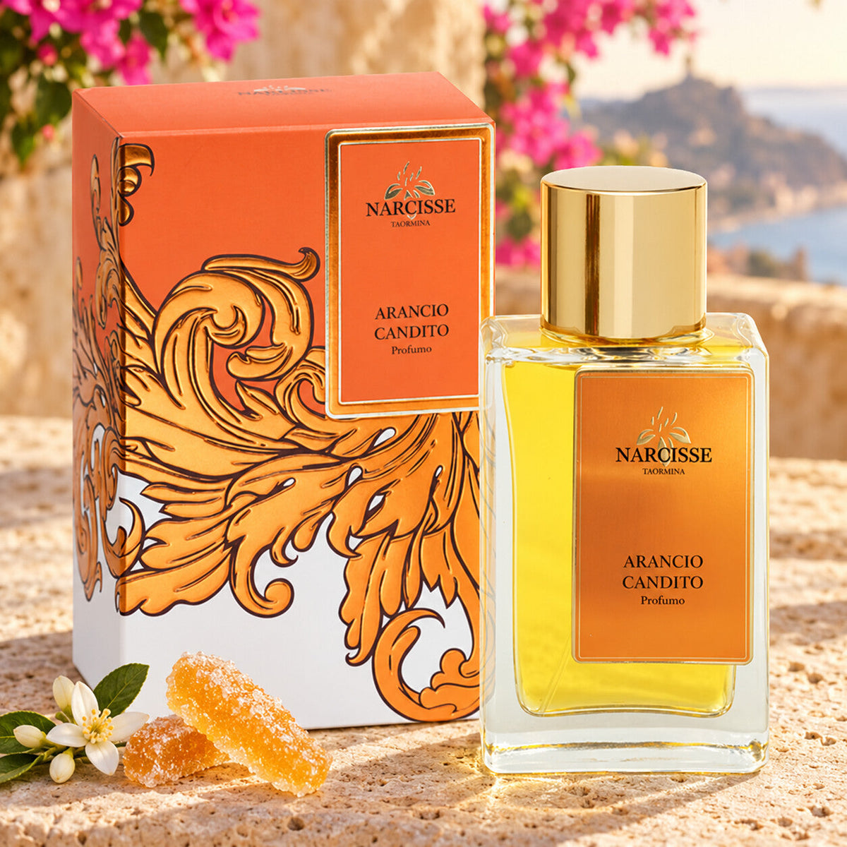 NARCISSE TAORMINA - ARANCIO CANDITO – flacone e confezione in ambientazione dedicata