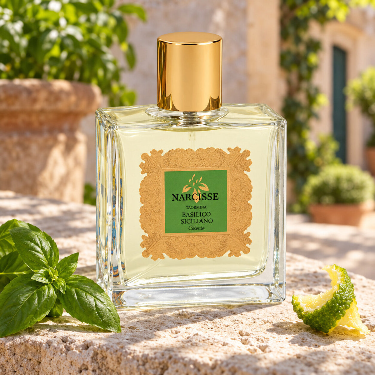NARCISSE TAORMINA - BASILICO – dettaglio del flacone in ambientazione dedicata