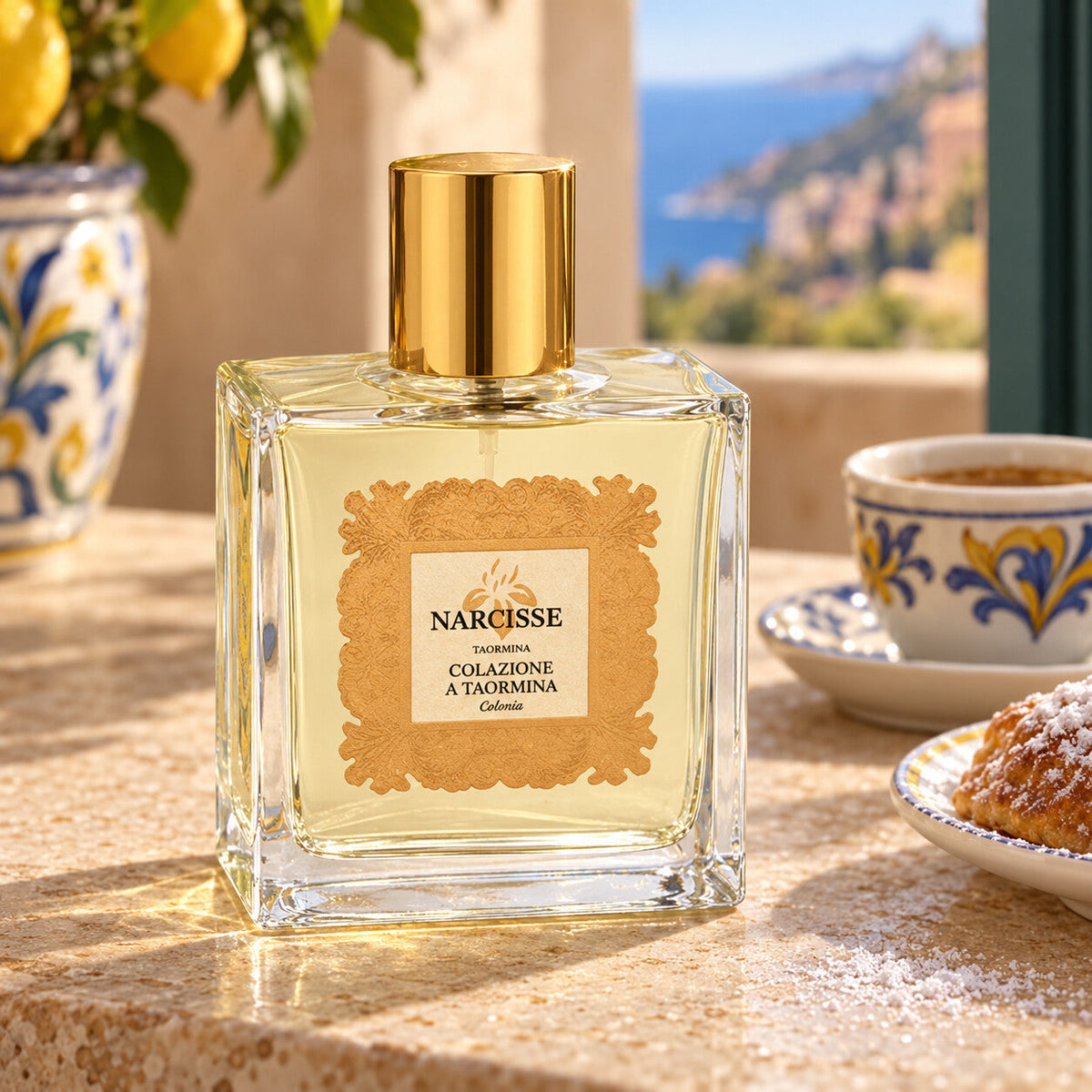 NARCISSE TAORMINA - COLAZIONE A TAORMINA – dettaglio del flacone in ambientazione dedicata