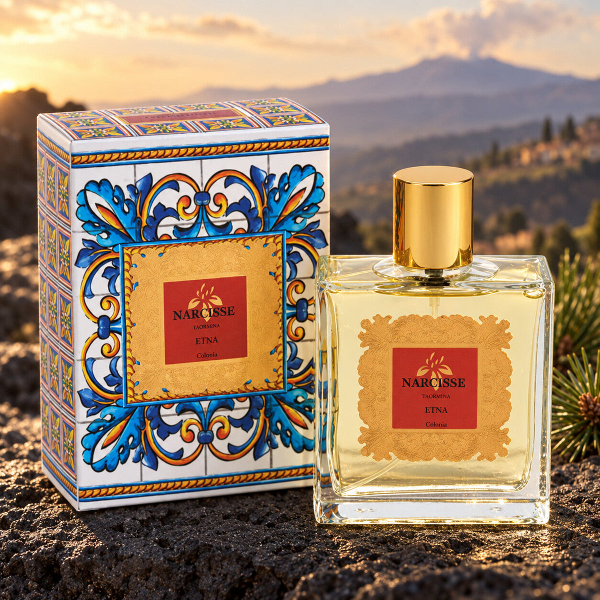NARCISSE TAORMINA - ETNA – flacone e confezione in ambientazione dedicata
