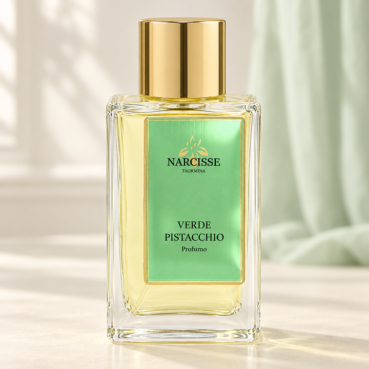NARCISSE TAORMINA - VERDE PISTACCHIO, flacone frontale centrale ravvicinato con sfondo leggero