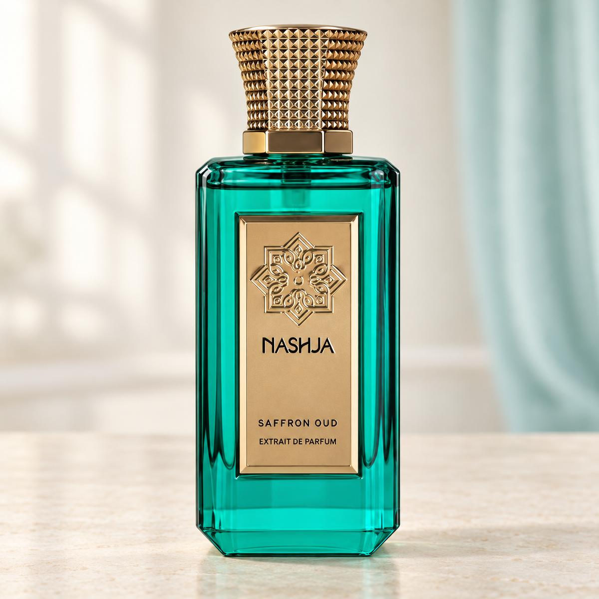 NASHJA - SAFFRON OUD, flacone frontale centrale ravvicinato con sfondo leggero