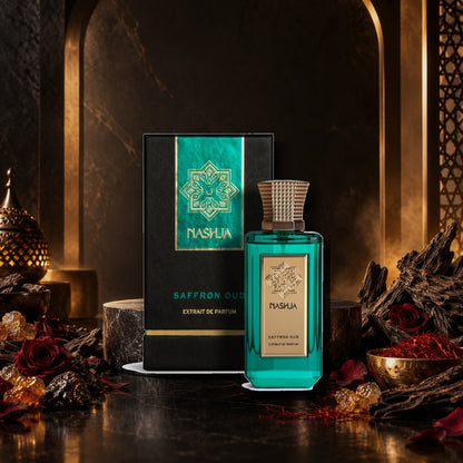 NASHJA - SAFFRON OUD - dettaglio in ambientazione orientale con oud e spezie