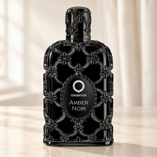 ORIENTICA - AMBER NOIR, flacone frontale centrale ravvicinato con sfondo leggero
