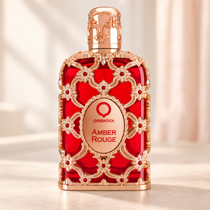 ORIENTICA - AMBER ROUGE, flacone frontale centrale ravvicinato con sfondo leggero