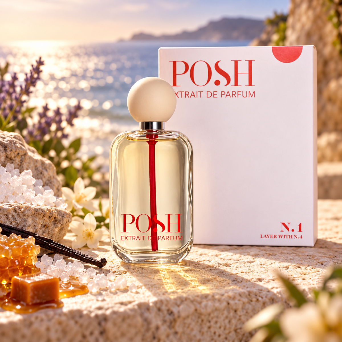 Flacone e confezione Posh N.1 tra sale marino, miele e vaniglia