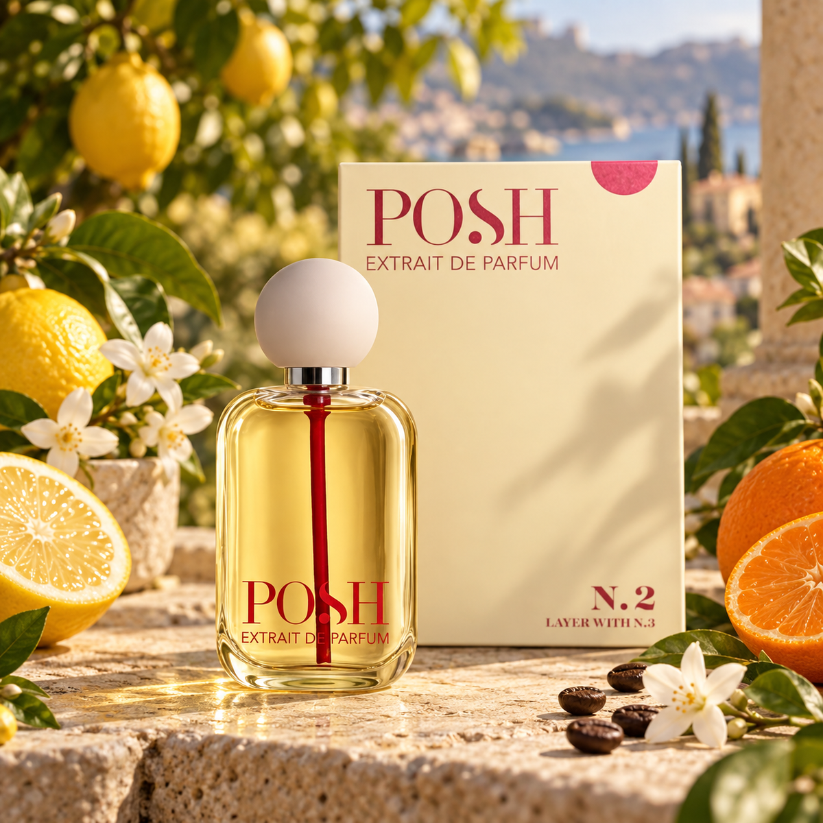 Flacone e confezione Posh N.2 tra agrumi, gelsomino e caffè