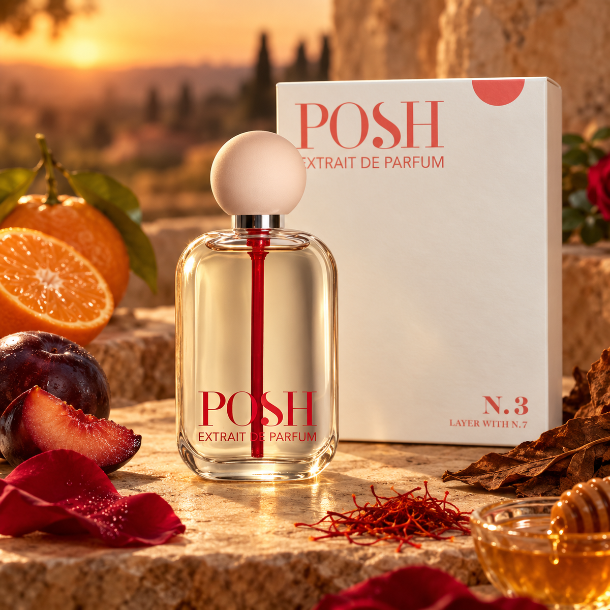 Flacone e confezione Posh N.3 tra mandarino, rosa e zafferano