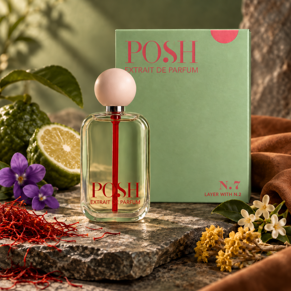 Flacone e confezione Posh N.7 tra zafferano, fiori e accenti minerali