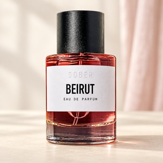 SOBER - BEIRUT, flacone frontale centrale ravvicinato con sfondo leggero