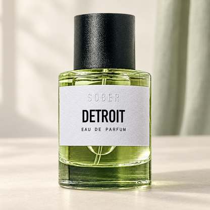 SOBER - DETROIT, flacone frontale centrale ravvicinato con sfondo leggero