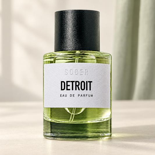 SOBER - DETROIT, flacone frontale centrale ravvicinato con sfondo leggero