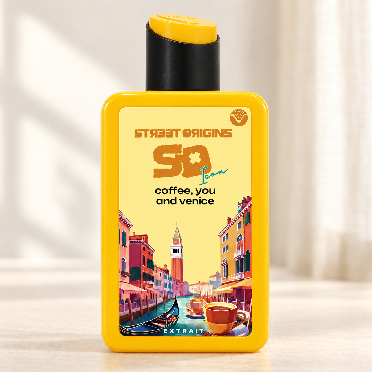 STREET ORIGINS - COFFE , YOU AND VENICE, flacone frontale centrale ravvicinato con sfondo leggero