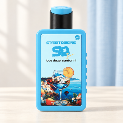 STREET ORIGINS - LOVE DAZE , SANTORINI, flacone frontale centrale ravvicinato con sfondo leggero