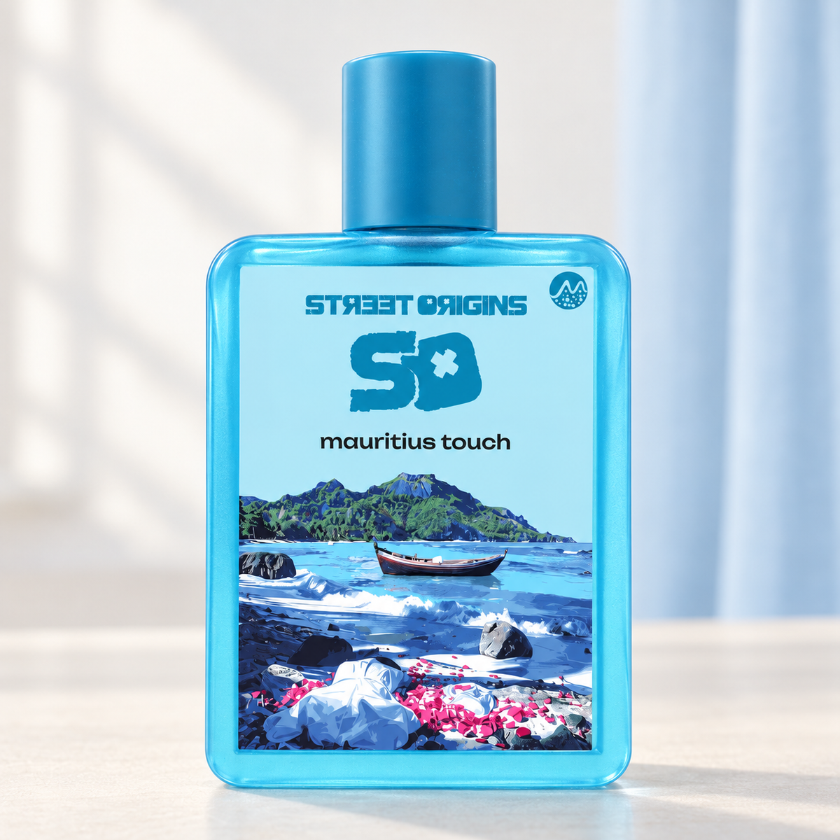 STREET ORIGINS - MAURITIUS TOUCH, flacone frontale centrale ravvicinato con sfondo leggero