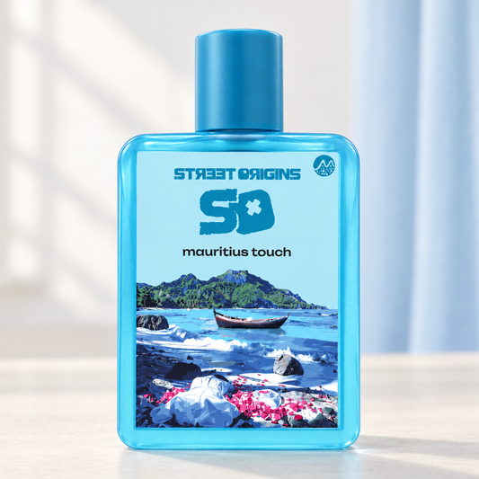 STREET ORIGINS - MAURITIUS TOUCH, flacone frontale centrale ravvicinato con sfondo leggero
