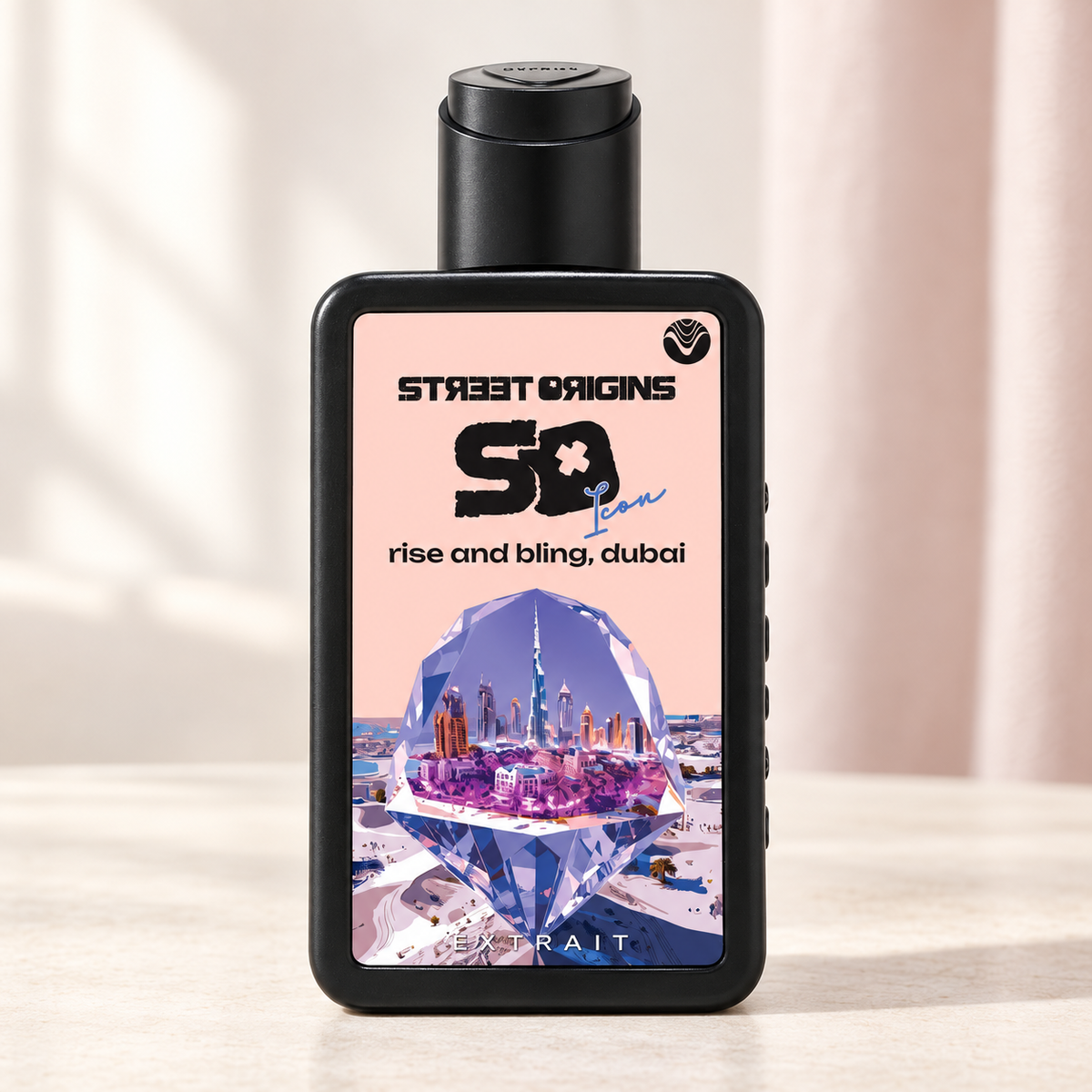 STREET ORIGINS - RISE AND BLING , DUBAI, flacone frontale centrale ravvicinato con sfondo leggero