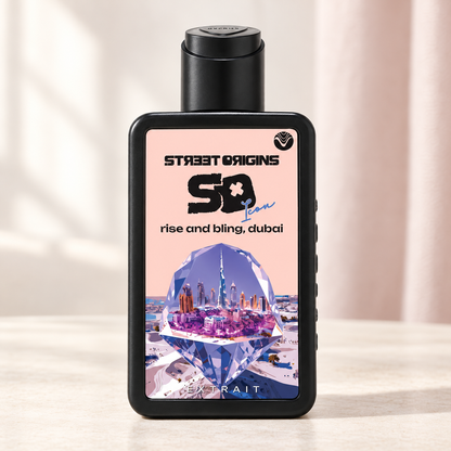 STREET ORIGINS - RISE AND BLING , DUBAI, flacone frontale centrale ravvicinato con sfondo leggero