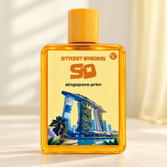 STREET ORIGINS - SINGAPORE PRIM, flacone frontale centrale ravvicinato con sfondo leggero