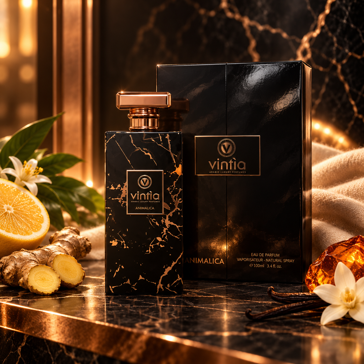Vintia Animalica 100 ml, ambientazione con agrumi, zenzero e ambra